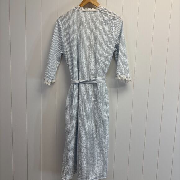 Womens Seer Sucker Striped Robe Size S Classic Lace Trad Wife SAHM‎ Cozy Retro - Picture 7 of 8